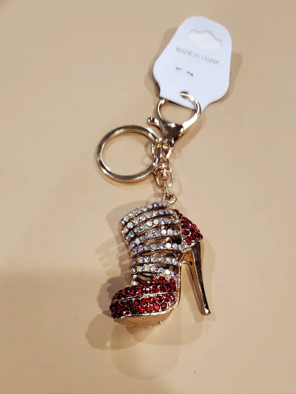 Gold High Heel Keychain Charm with Red and Clear Crystals